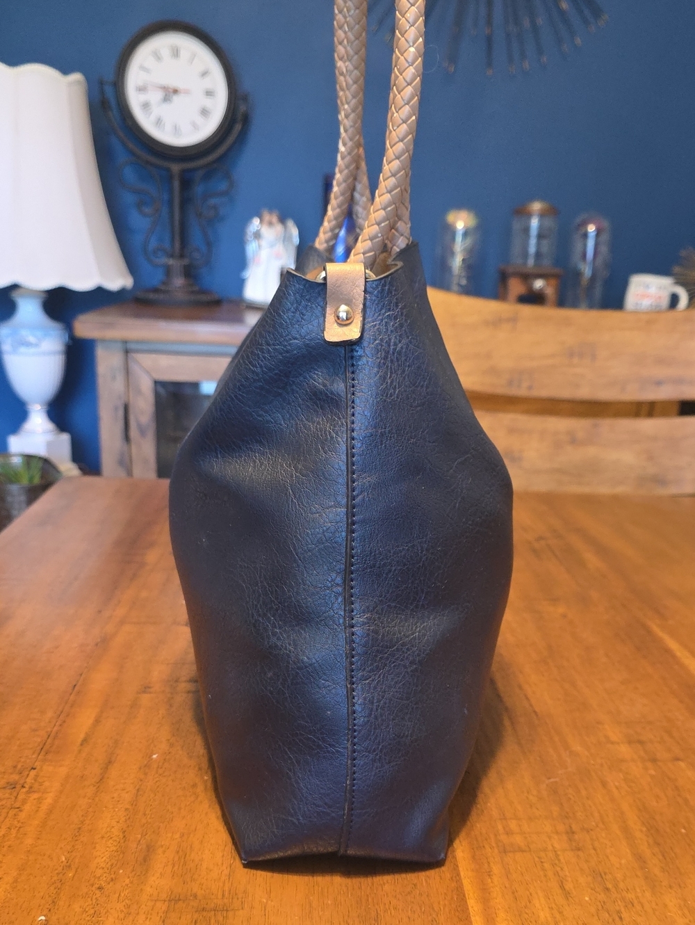 Classic Black Tote Bag with Braided Tan Handles - Picture 4 of 16